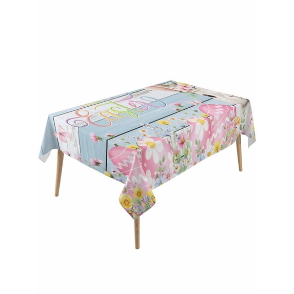 Light Blue Easter Rectangle Tablecloth, Spring Easter Bunny Eggs Floral Wooden Waterproof & StainResistant Tablecloth, Washable Oil-proof Table Cover for Dining/Party/Wedding/Camping/Buffet 54x108 In