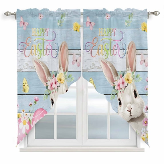 Light Blue Easter Swag Valances for Windows 2 Pack, Kitchen Window Curtains 36 Inch Length, Spring Easter Bunny Eggs Floral Wooden Privacy Swag Curtains for Living Room/Bathroom 36"x36"