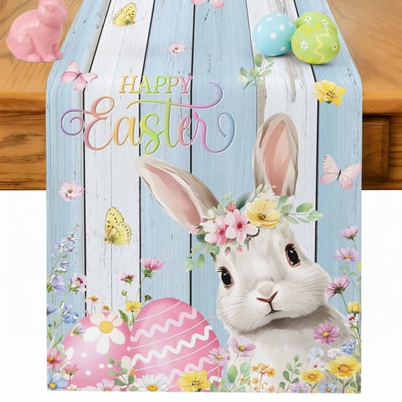 Light Blue Easter Table Runner 70 Inches Long for Kitchen Dining, Spring Easter Bunny Eggs Floral Wooden Dresser Scarf Farmhouse, Dining Table Decorations for Wedding/Parties, 13 x 70 In