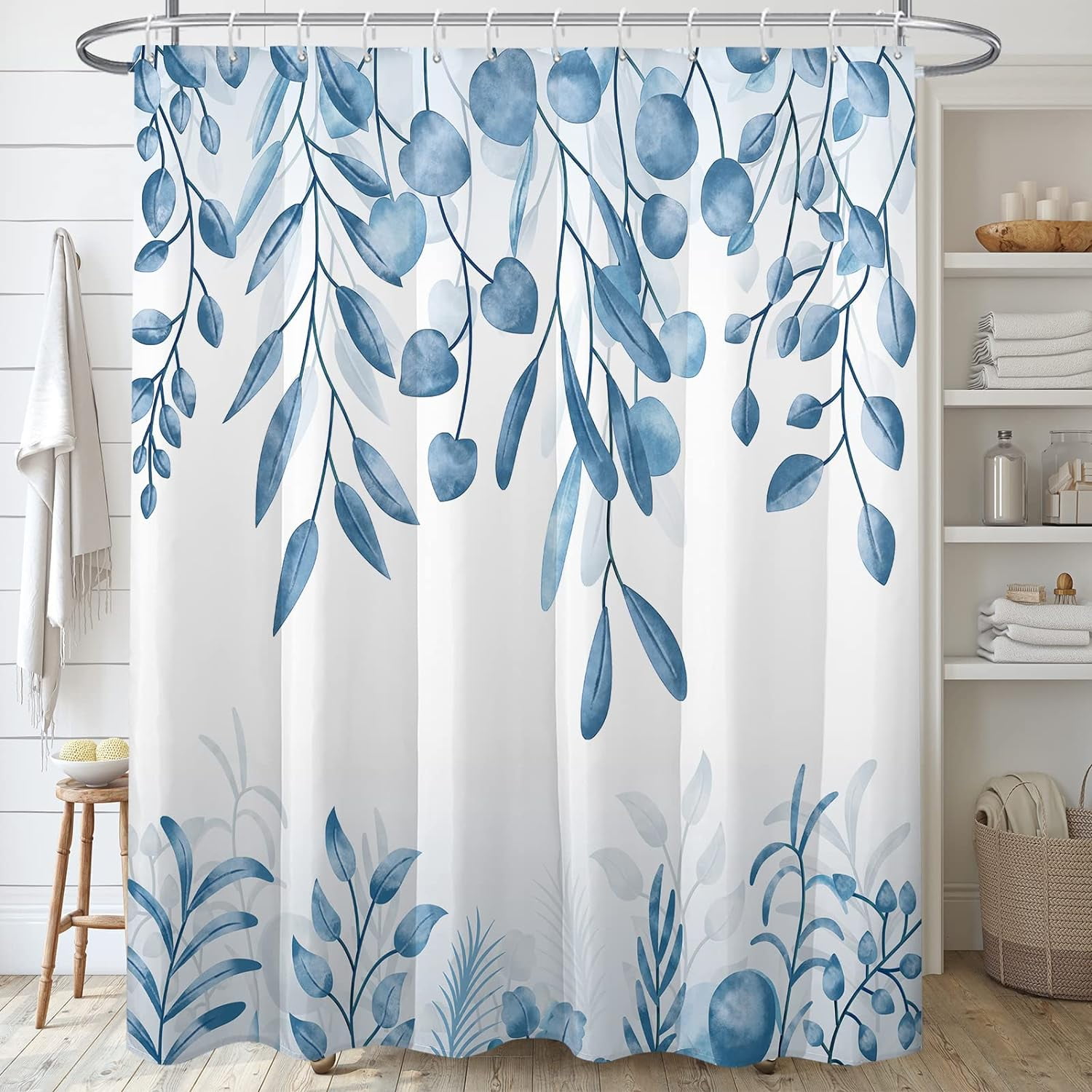 Light Blue Eucalyptus Shower Curtain,Watercolor Aqua Leaves Bathroom ...