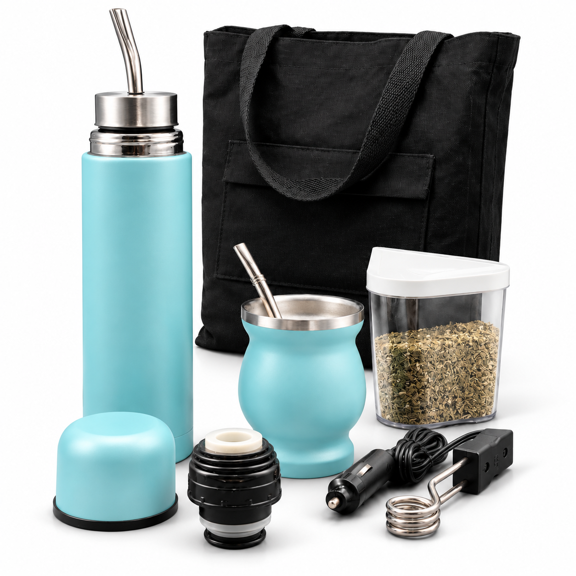 Light Blue FULL KIT Yerba Mate Drinkware Set with Insulated Thermo and Accessories