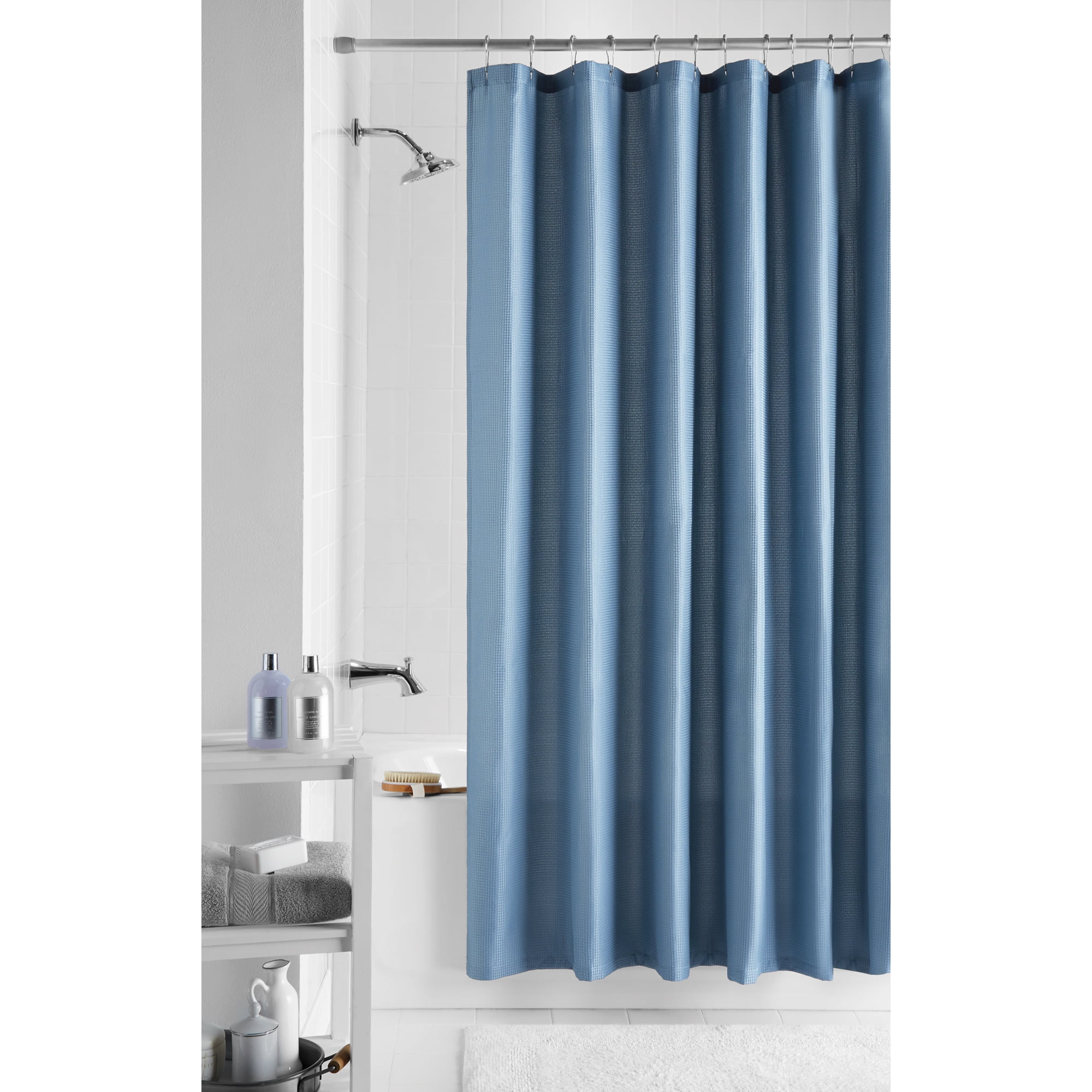 Light Blue Fabric Shower Curtain, 70" x 72", Mainstays Waffle Weave Textured Design