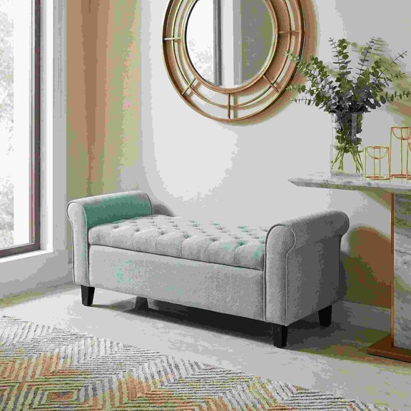 Light Blue Fabric Storage Bench with Rolled Arms, 38 Seat Width, Button Tufted Design, Versatile Seating and Hidden Storage for Living Room Bedroom Entryway, Black Legs