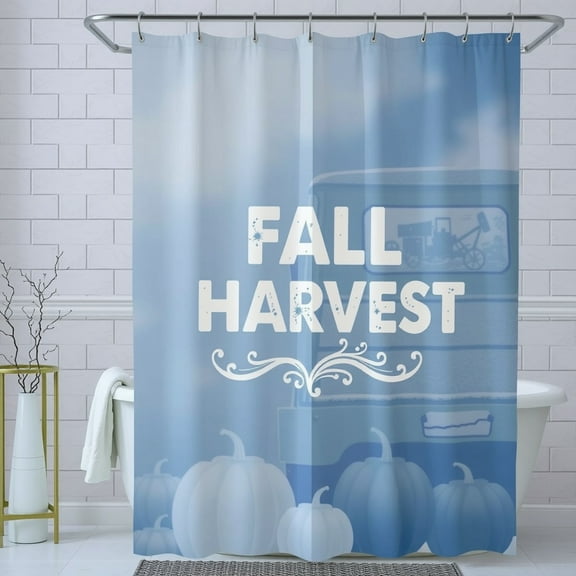 Light Blue Fall Harvest Shower Curtain with Vintage Truck & Pumpkins - Rustic Autumn Decor