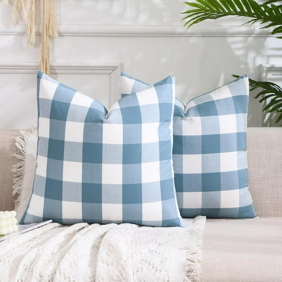 Light Blue Farmhouse Buffalo Plaid Pillow Covers 18x18 Set of 2 Blue and White Outdoor Pillow Covers 18 x 18 Decorative Throw Pillows for Sofa Couch Bedroom, Grey Blue and White