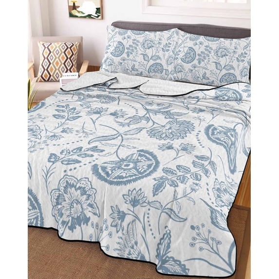 Light Blue Farmhouse Queen Size Down Alternative Comforter, Lightweight Comforter Quilt Bedding Set with Pillow Shams Retro Botanical Plant Fruit Leaf All Seasons Bed Comforter Duvet Insert 90"x96"