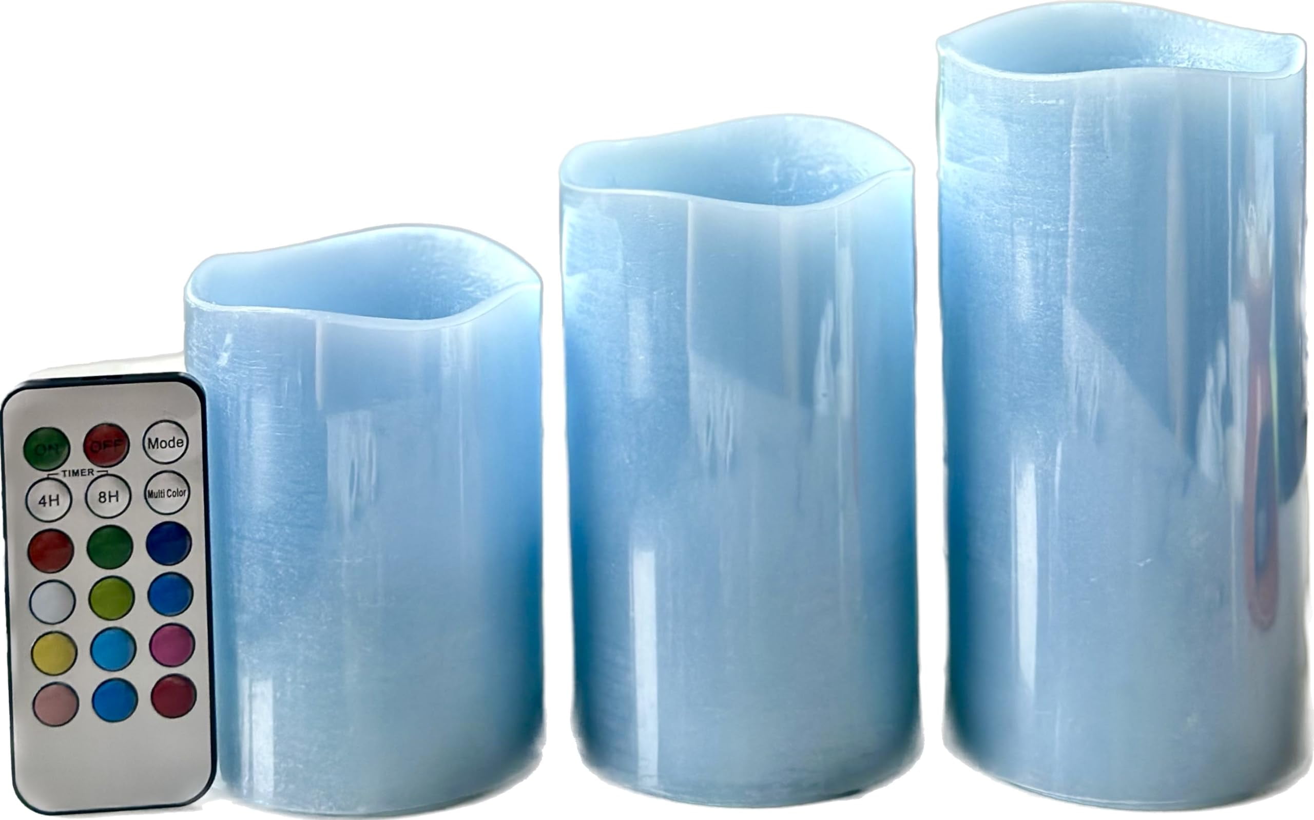 Light Blue Flameless Candles Set of 3 Real Wax Pillar Candles with