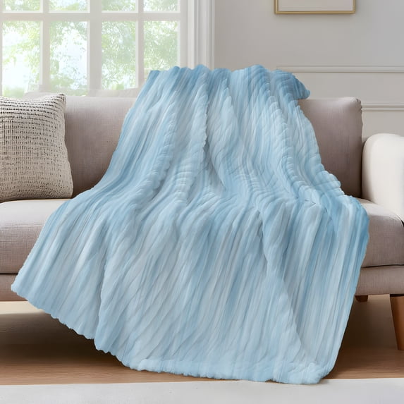 Light Blue Fleece Throw Blanket for Couch, Modern Abstract Art Ombre Striped Microfiber Flannel Blanket for All Season, Lightweight Fuzzy Plush Throw Blankets for Gifts, Office, 40"x50"