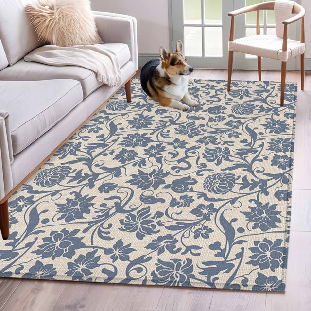Botanical Patterned Rug Light Blue Floral Area Rug 4x6 FT, Non Slip Kids Room Carpet, Rustic ...