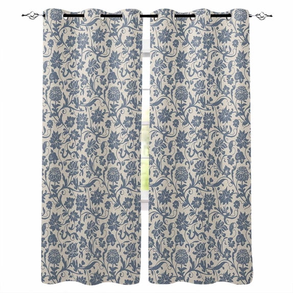 Light Blue Floral Blackout Curtains for Bedroom/Living Room, Thermal Insulated Kitchen Curtains, Rustic Vintage Flowers Botanical Spring Grommet Darkening Window Treatment Drapes 52"x84"x2