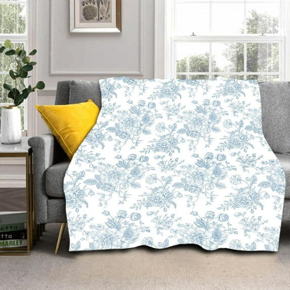 Light Blue Floral Blanket 80"x60" Light Blue and White Vintage Flower Pattern Design Print Throw Blanket Lightweight Warm Soft Blanket Farmhouse Seasonal Decor for Home Living Room Sofa Couch Bed
