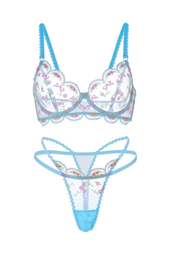 Light Blue Floral Lace Lingerie Set (BLUE, S)