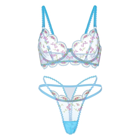 Light Blue Floral Lace Lingerie Set (BLUE, XL+)