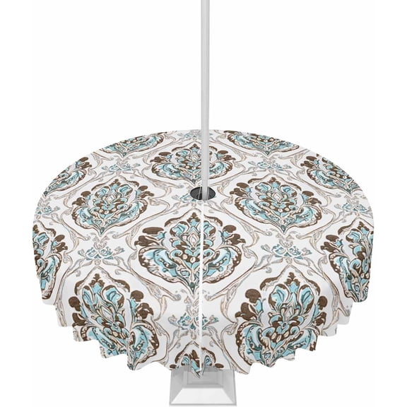 Light Blue Floral Outdoor Tablecloth with Umbrella Hole Round, Sliver Vintage Country Artwork Waterproof Table Cloth Washable Wipeable Cover Spill Proof for Patio Spring Summer Picnic BBQ 60"