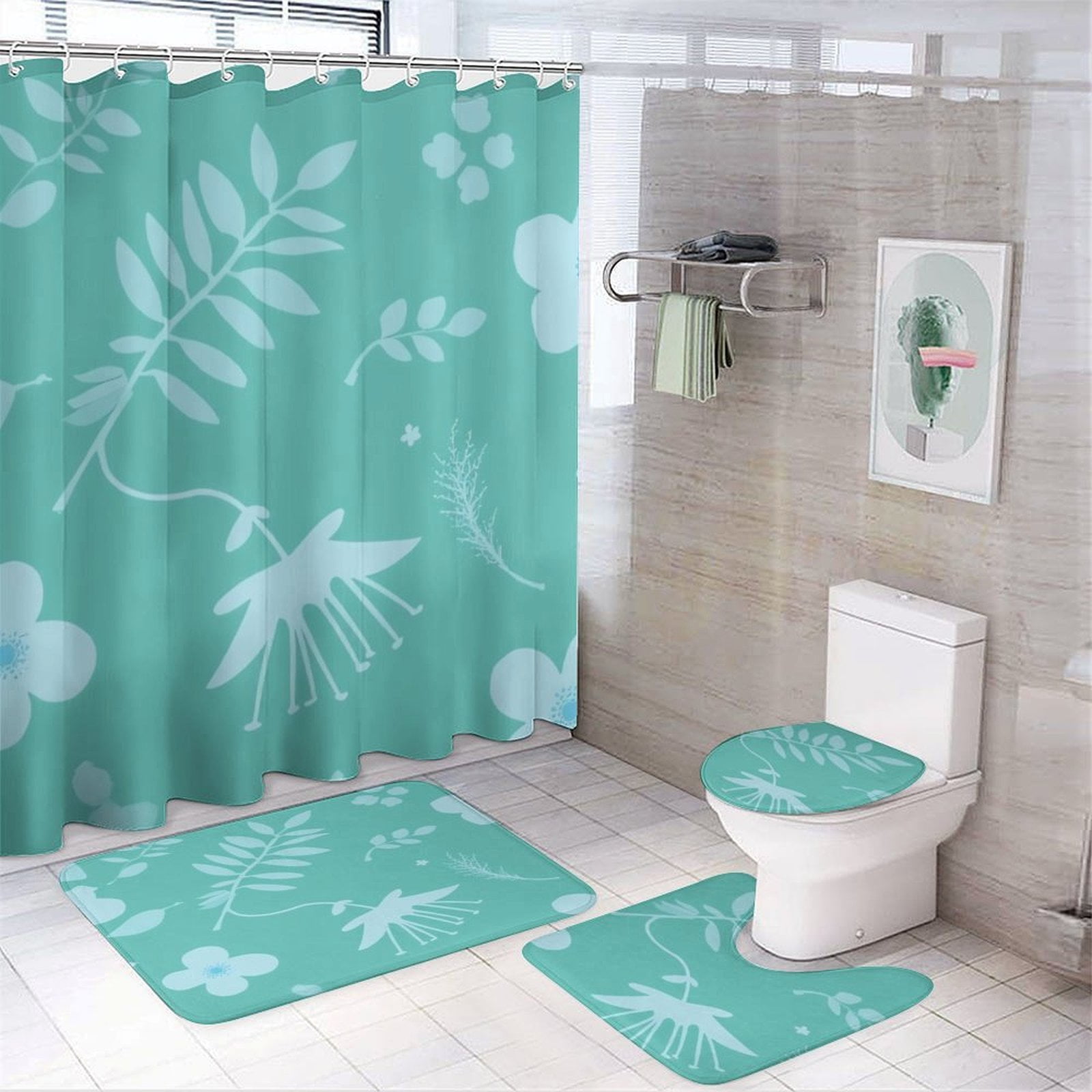 Light Blue Floral Pattern Shower Curtain Sets Non-Slip Rugs Bath Mat Toilet  Cover U Shaped Mat 4 Pcs, image size:1600x1600