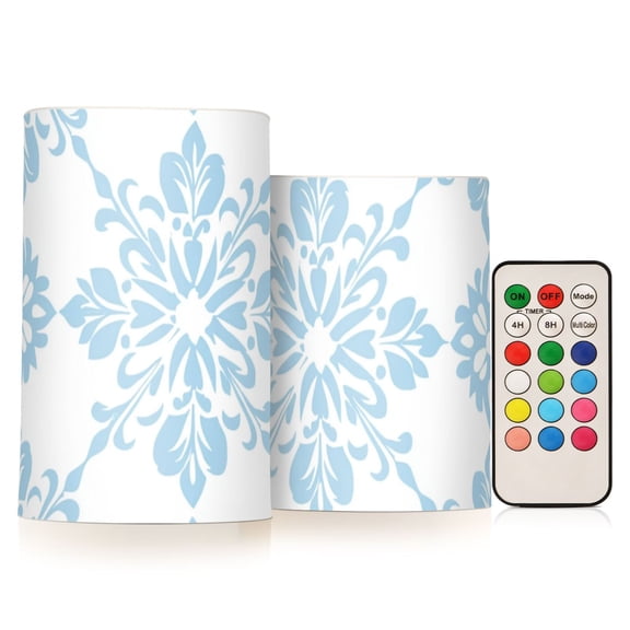 Light Blue Floral Patterns Flickering Flameless Candles LED Tealight Battery Operated with Remote Set of 2 Holiday Decor Ornaments