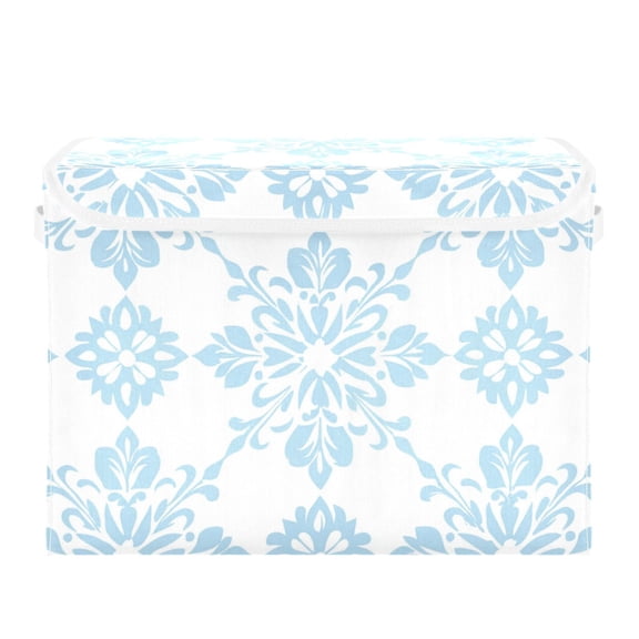 Light Blue Floral Patterns Foldable Storage Bin with Lid and Handle Collapsible Storage Box 16.5 x 12.6 x 11.8 inches