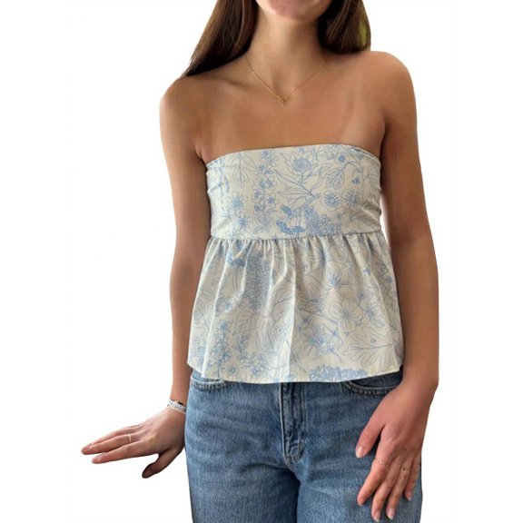 Light Blue Floral Peplum Strapless Crop Top For Women