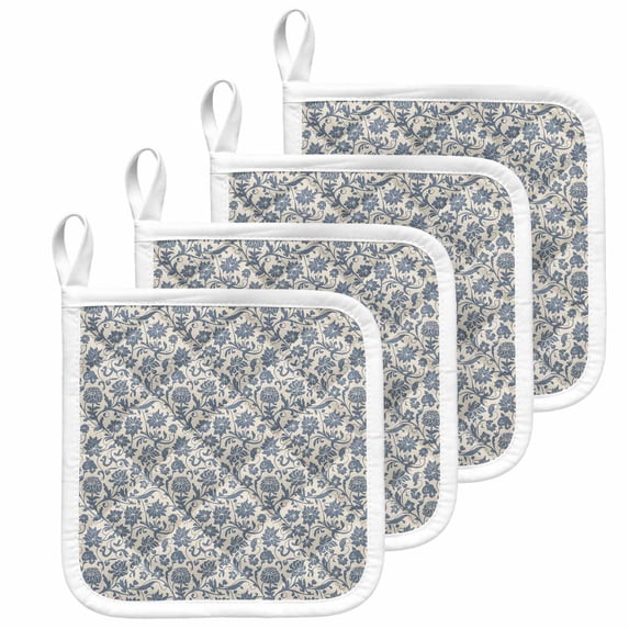 Light Blue Floral Pot Holders for Kitchen Heatproof Potholder, 4 Pack Rustic Vintage Flowers Botanical Spring Hot Pads Multipurpose Oven Pads Cloth Potholders Trivet for Cooking and Baking