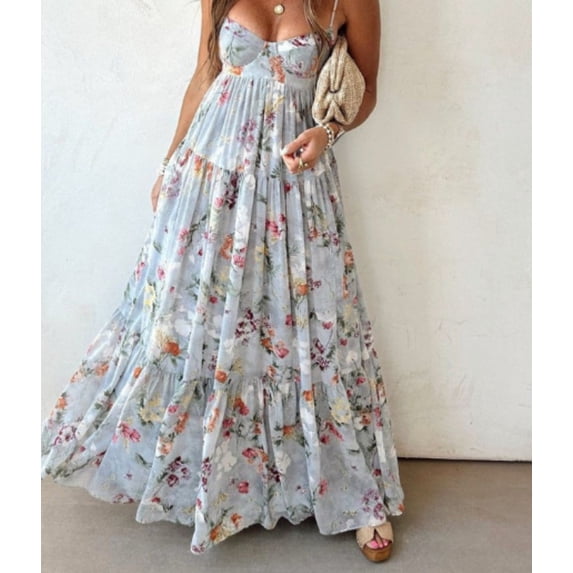 Light Blue Floral-Print Strappy Maxi Dress — Waist-Cinching, Slimming, Vacation-Style Dress