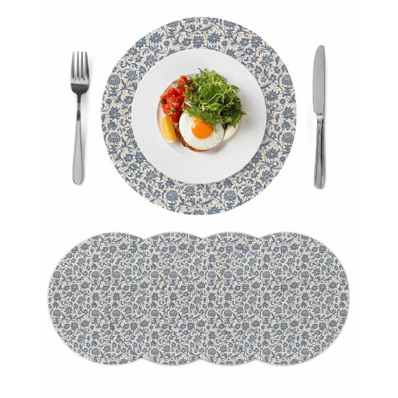 Light Blue Floral Round Placemats Set of 4 for Dinning Tables,Heat-proof Braided Table Mats 15 Inch,Rustic Vintage Flowers Botanical Spring Washable Place Mat for Kitchen Restaurant Party Table Decor