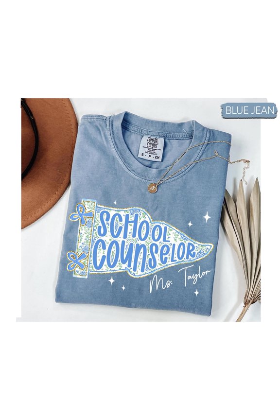 Light Blue Floral School Counselor Shirt - Comfort Colors with Pennant Toile de Jouy Design for Professional Style