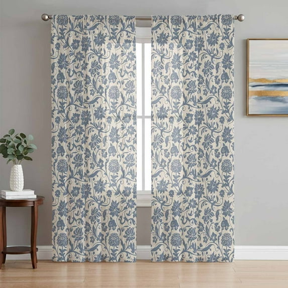 Light Blue Floral Semi Sheer Curtains 96 Inch Length 2 Panels Set, Rustic Vintage Flowers Botanical Spring Sheer Kitchen Curtain Privacy Voile Window Curtain for Living Room Bedroom Rod Pocket Drapes