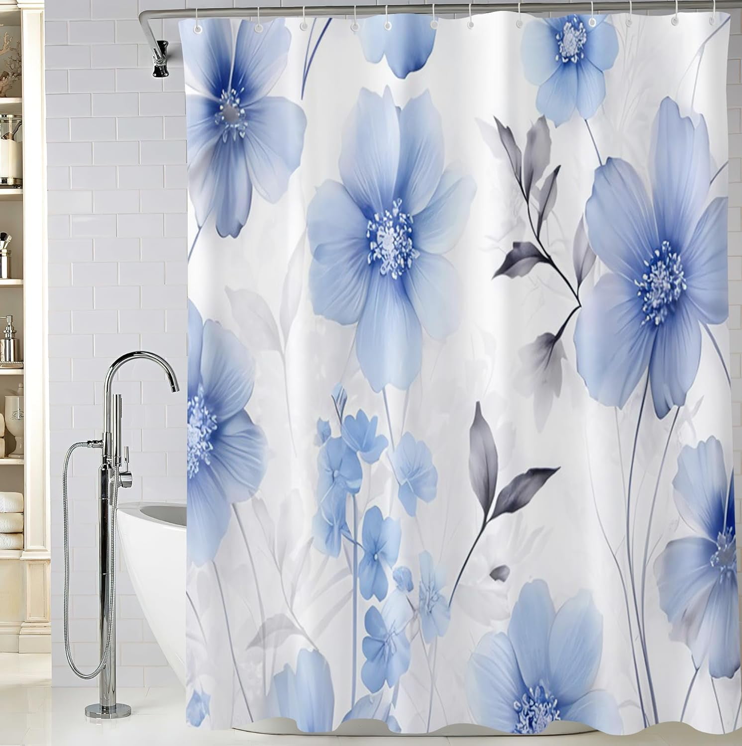 Light Blue Floral Shower Curtain, Watercolor Wildflower Bathroom Shower ...