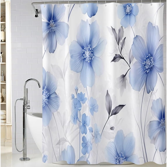 Light Blue Floral Shower Curtain, Watercolor Wildflower Bathroom Shower Curtain, Fabric Waterproof Shower Curtain with 12 Hooks, 72 x 72 Inch