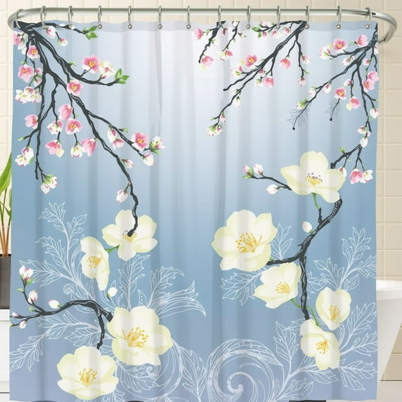 Light Blue Floral Shower Curtain with White and Pink Blossoms, Design