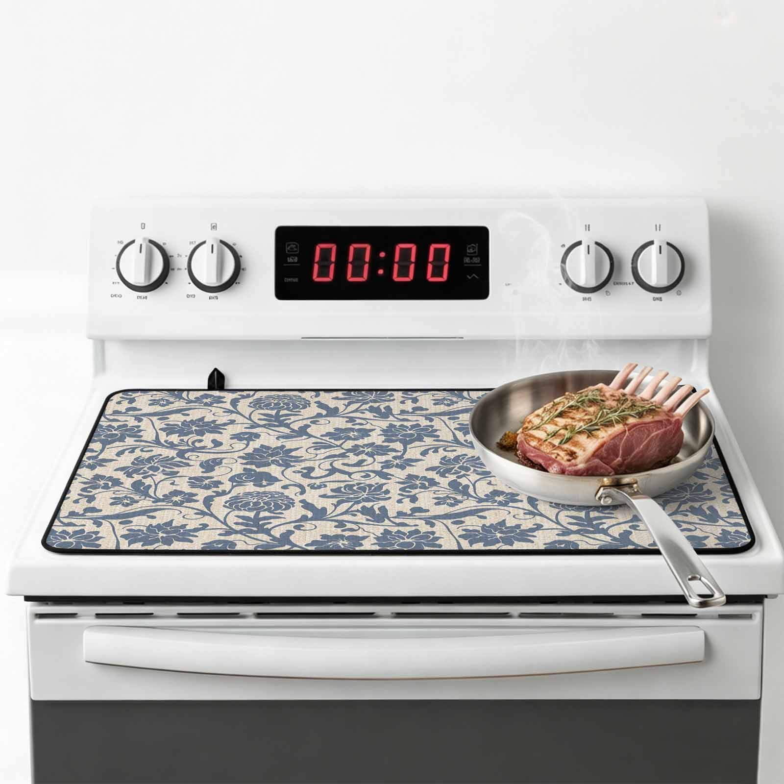 Light Blue Floral Stove Top Cover for Electric Stove, Heat-proof & Non Slip Glass Top Stove Cover Protector, Rustic Vintage Flowers Botanical Spring Kitchen Flat Cooktop Rubber Mat 28.5x20.5 Inches