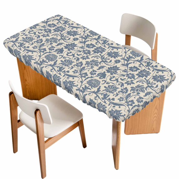 Light Blue Floral Table Cloths for 3 Foot Rectangle Tables, Rustic Vintage Flowers Botanical Spring Patio Waterproof Elastic Fitted Tablecloths, Washable Rectangular Table Cover for Camping