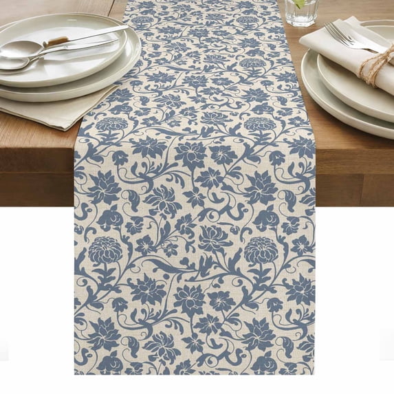 Light Blue Floral Table Runner - 120 Inch Long, Kitchen Dining Table Runner Dresser Scarves, Rustic Vintage Flowers Botanical Spring Farmhouse Decor for Coffee Tables Wedding Party Banquet