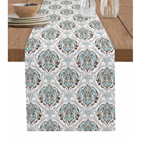 Light Blue Floral Table Runner 48 Inches, Sliver Vintage Country Artwork Bed Runner Dresser Scarves Tabletop for Indoor Outdoor Parties/Ceremony/Banquet, 13" x 48"