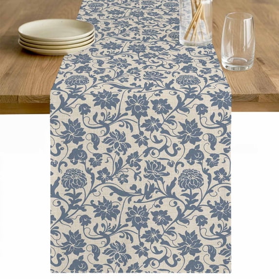 Light Blue Floral Table Runner - 60 Inch Long Rustic Vintage Flowers Botanical Spring Cotton and Linen Blended Dress Scarves Farmhouse Table Runner for Kitchen Dining, Coffee Table, 13" x 60"