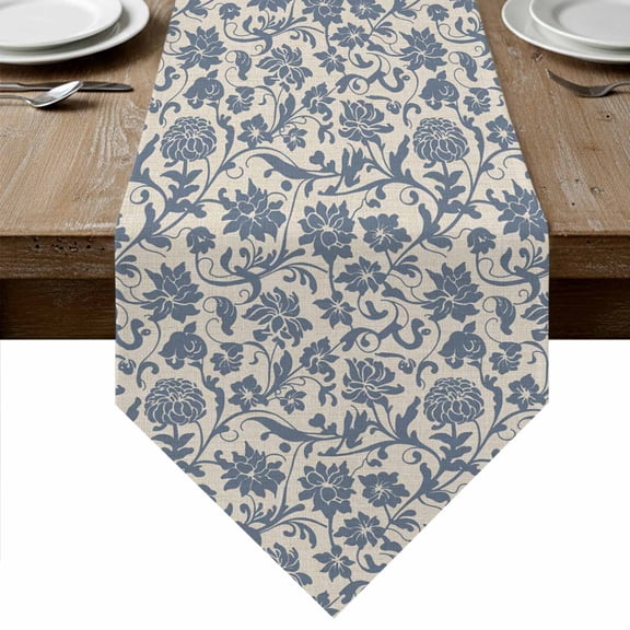 Light Blue Floral Table Runner Linen Burlap Table Runner 36 Inches Small Rustic Vintage Flowers Botanical Spring Dresser Scarves for Kitchen Island Coffee Dining Party Wedding Holiday Decor 13"x36"
