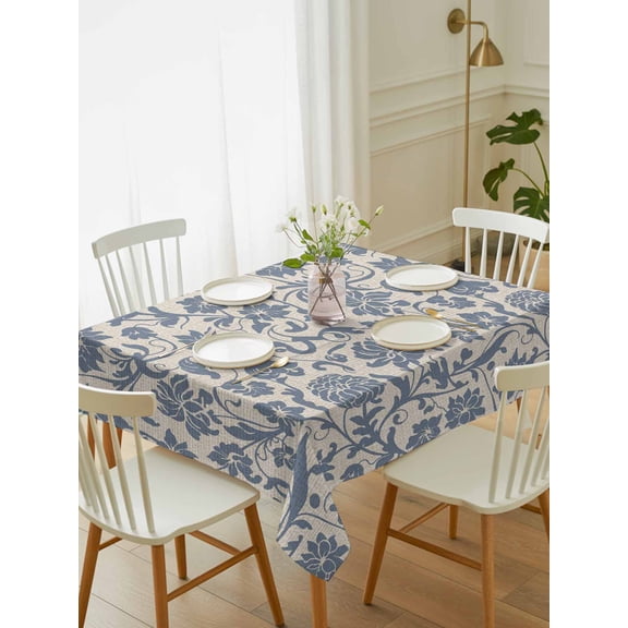 Light Blue Floral Tablecloth Rectangle Table Cloth 52x70, Waterproof Tablecloth Outdoor Table Cloth, Rustic Vintage Flowers Botanical Spring Washable Table Cover for Kitchen Dinning Party