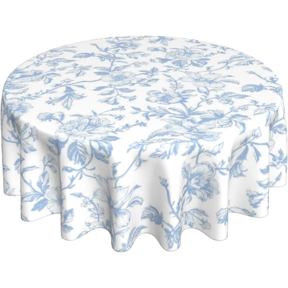 Light Blue Floral Tablecloth Round 70 Inch Chinoiserie Vintage Flower Table Cloth,Stain Resistance Polyester Spring Summer Seasonal Small Table Covers for Kitchen Dining Party Picnic