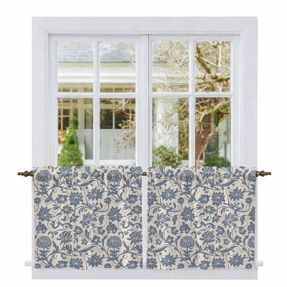 Light Blue Floral Tier Curtains, Rustic Vintage Flowers Botanical Spring Light Filtering Kitchen Curtains, 2Pcs Rod Pocket Half Window Treatments Panels for Sink Cafe Cabinet Camper 27.5x24 Inches