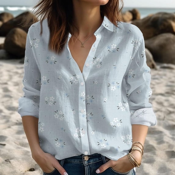 Light Blue Floral Women Casual Shirt, Wildflowers Women Shirt, Cottagecore Aesthetic Beach Outfit, Nature Lover Blouse Women, Gift For Her