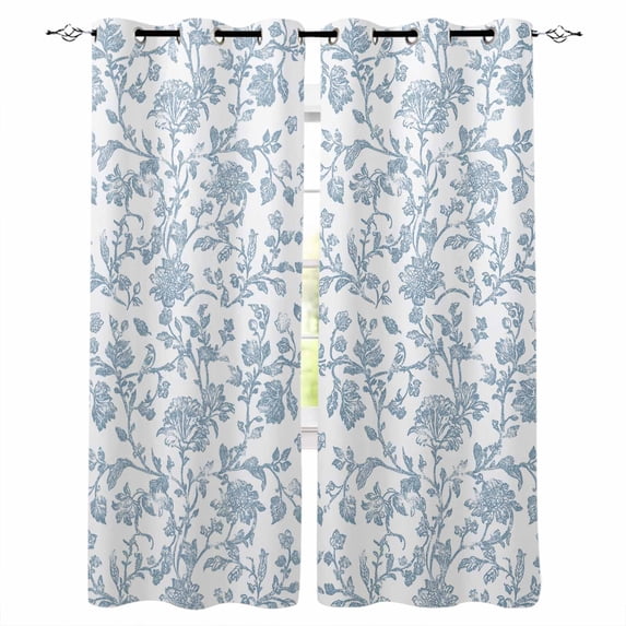 Light Blue Flower Blackout Curtains 39 Inches Long, Vintage Farmhouse Boho Leaf Spring Thermal Insulated Black Out Curtains, Short Darkening Window Curtain Drapes for Cafe Bedroom 27.5"x39" 2 Panels