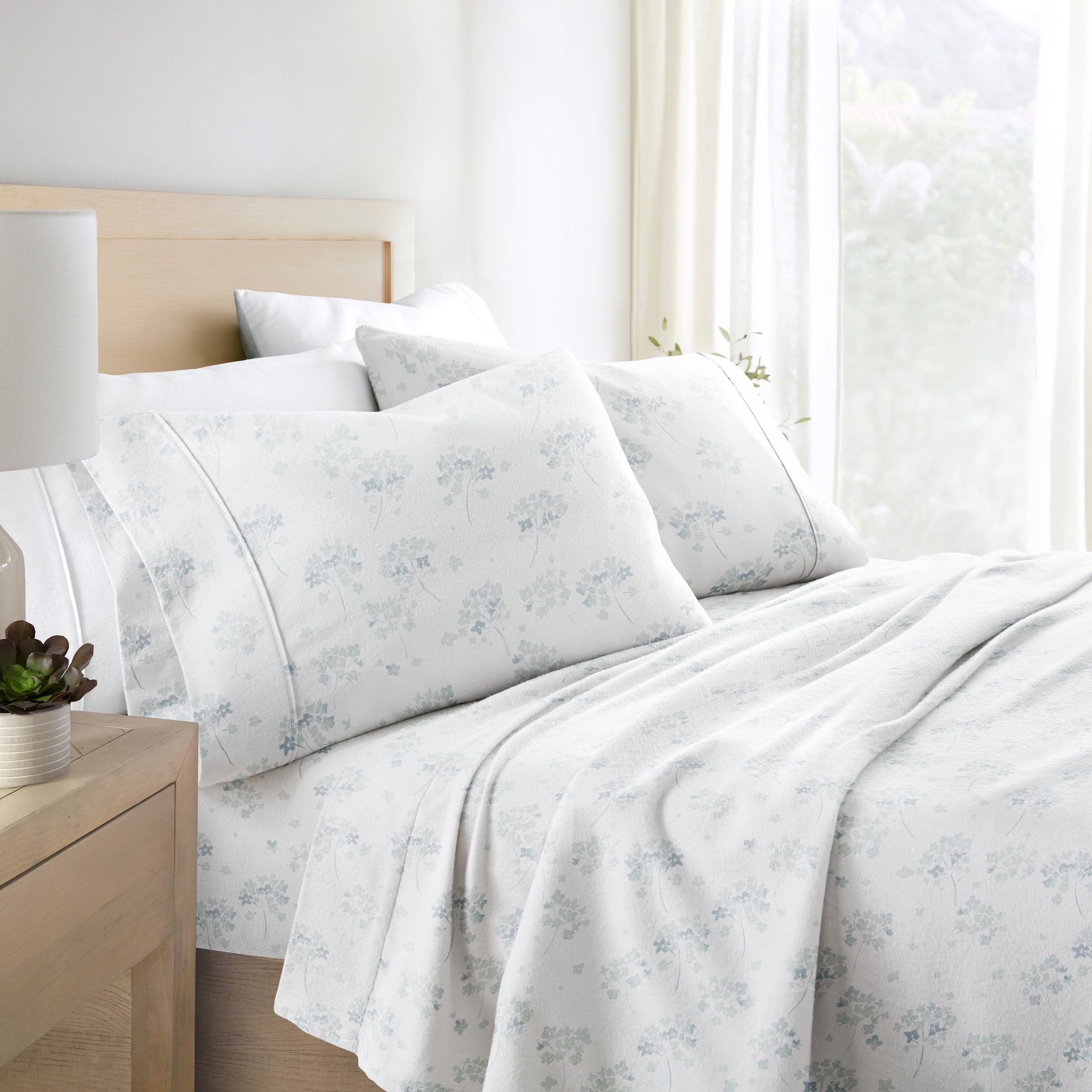 Light Blue Floral Cotton Flannel Queen Sheet Set