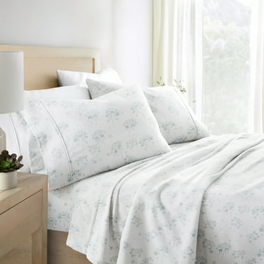 Light Blue Flower Bunch 4 Piece 100% Cotton Flannel Deep Pocket Sheet Set, Queen, by Noble Linens
