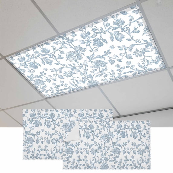 Light Blue Flower Fluorescent Light Covers, Vintage Farmhouse Boho Leaf Spring Magnetic Light Covers for Ceiling Lights, Fluorescent Ceiling Shade Filters for Classroom Bedroom Office 4x2Ft x 2PCS