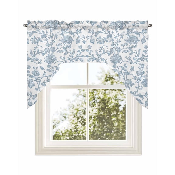Light Blue Flower Kitchen Curtains Swag Valance for Windows/Bathroom/Cafe, Vintage Farmhouse Boho Leaf Spring Rod Pocket Drape Panel Swag Curtains Valance for Bedroom/Living Room 56"x36"