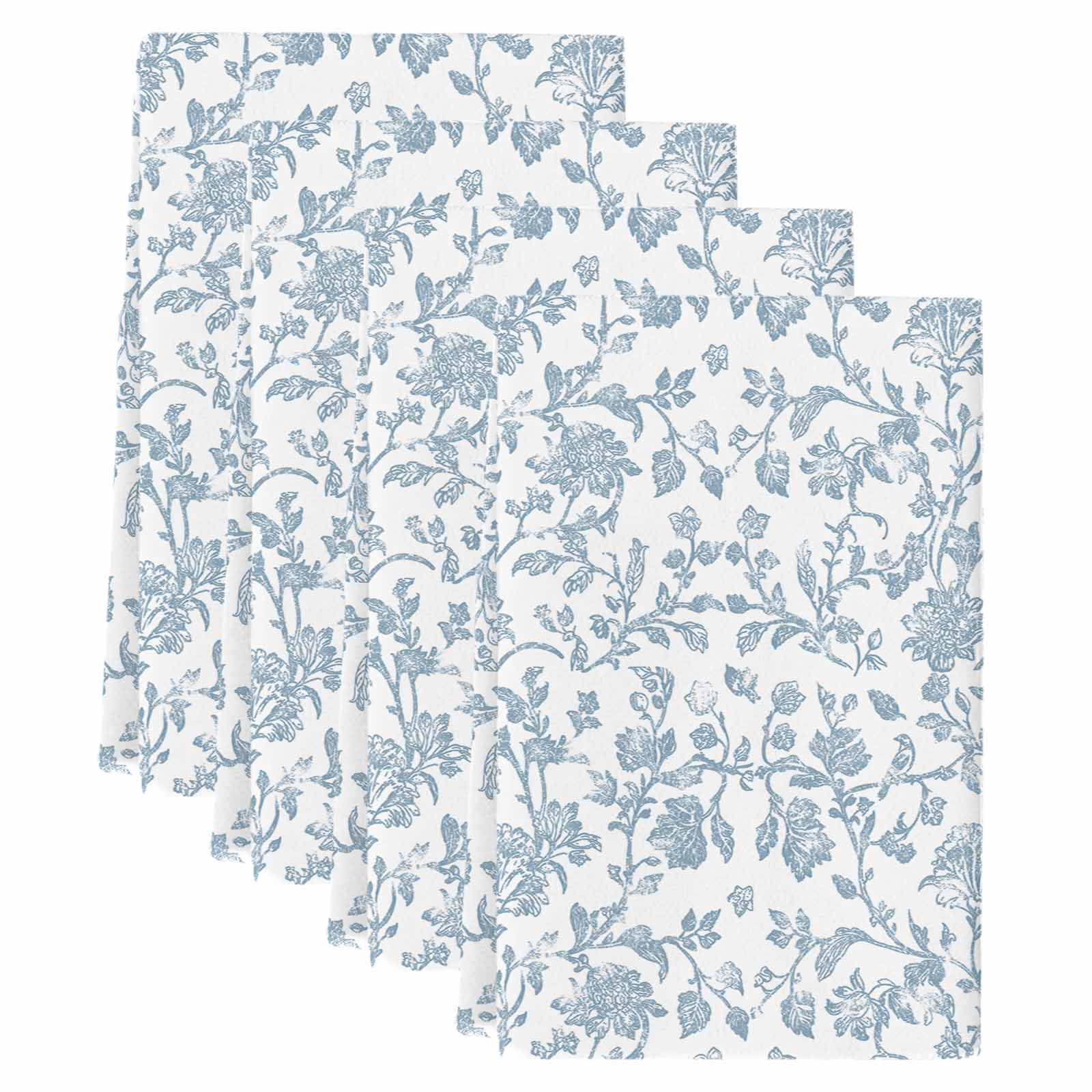 Light Blue Flower Kitchen Towels Set of 4, Vintage Farmhouse Boho Leaf Spring Soft Microfiber Dish Towels, Absorbent Quick-Dry Washable Dishcloths for Kitchen Cleaning, Drying Dishes, 18x28 Inches