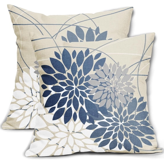 Light Blue Flower Pillow Covers 18x18 Grey Gray White Dahlia Floral Spring Decorative Throw Pillows Farmhouse Seasonal Decor for Home Sofa Bed Couch Modern Cushion Cases, Set of 2