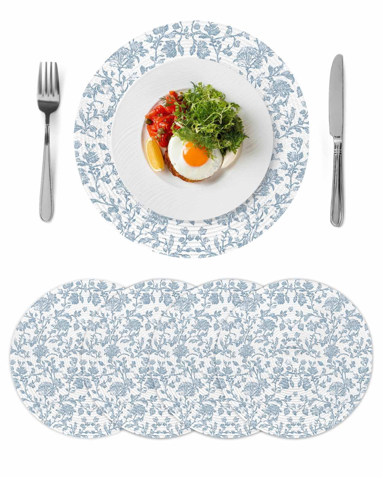 Light Blue Flower Round 13 Inch Placemats Set of 4, Vintage Farmhouse ...