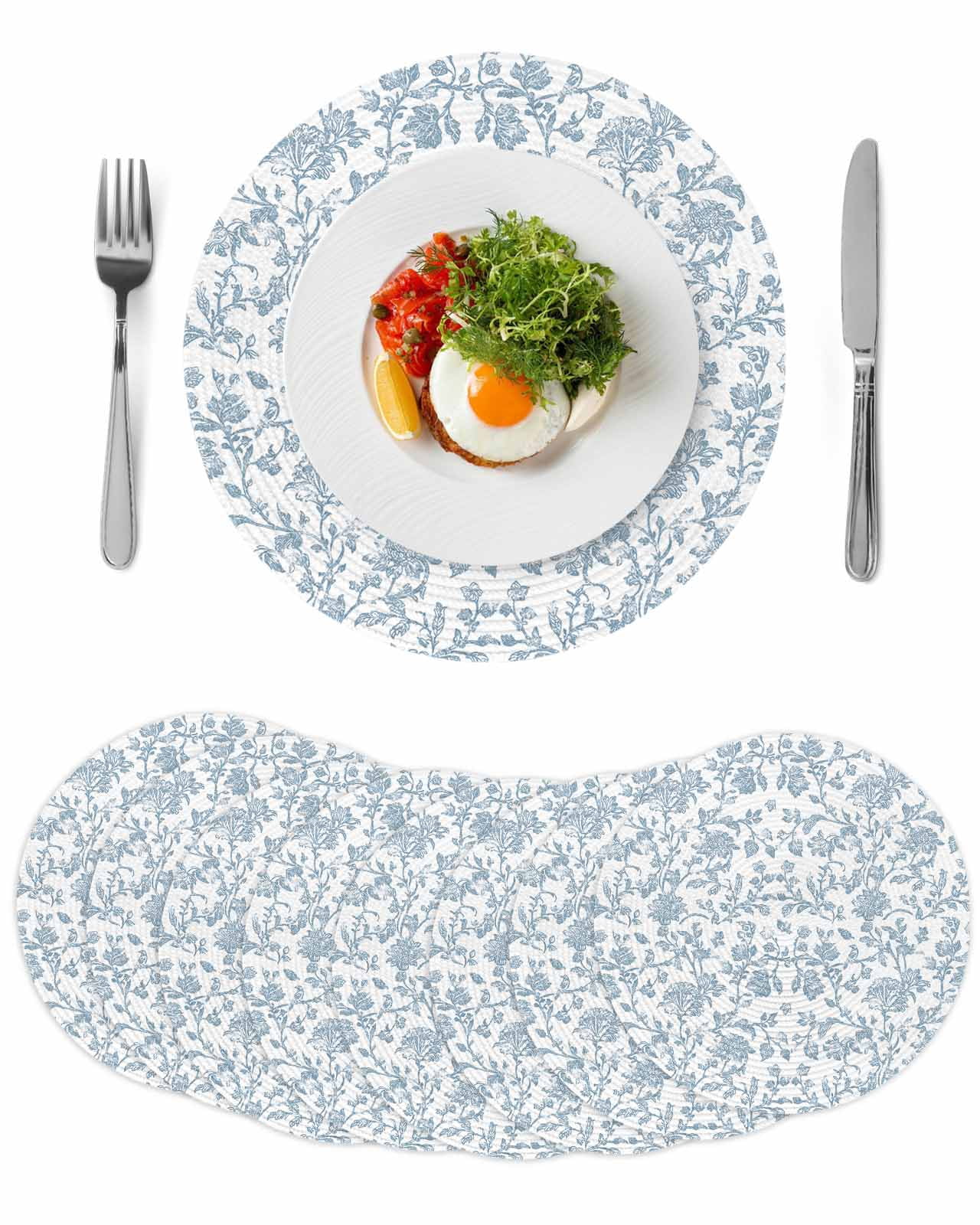 Light Blue Flower Round 13 Inch Placemats Set of 8, Vintage Farmhouse ...