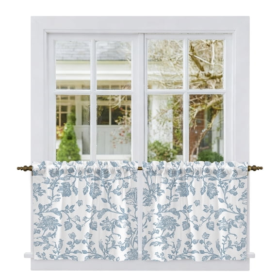 Light Blue Flower Tier Curtains, Vintage Farmhouse Boho Leaf Spring Light Filtering Kitchen Curtains, 2Pcs Rod Pocket Half Window Treatments Panels for Sink Cafe Cabinet Camper 27.5x36 Inches